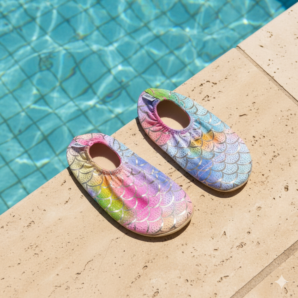 Colorful mermaid Finny Shoes scale-patterned slippers on a poolside ledge.