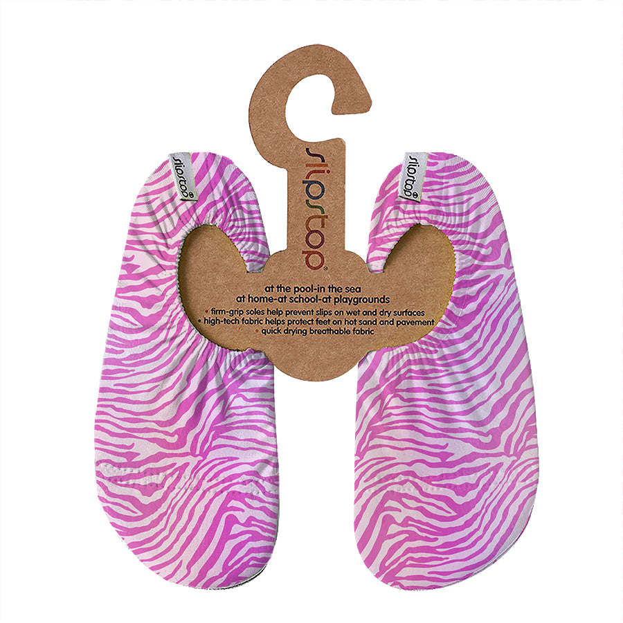 A pair of pink zebra striped Slipstop junior water shoes displayed on a hanger.